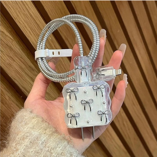 Nestro's iPhone Charger Case Cover For 18W/20W Cute 3D Cartoon | Fun & Protective Cable Organizer | Cable Protector (Transparent 5 Silver Bow)