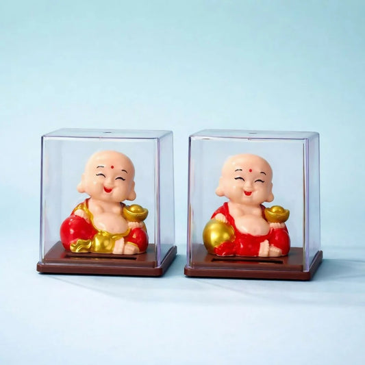 Solar Bobble Head Laughing Monk in Display Case for Home & Car Decor