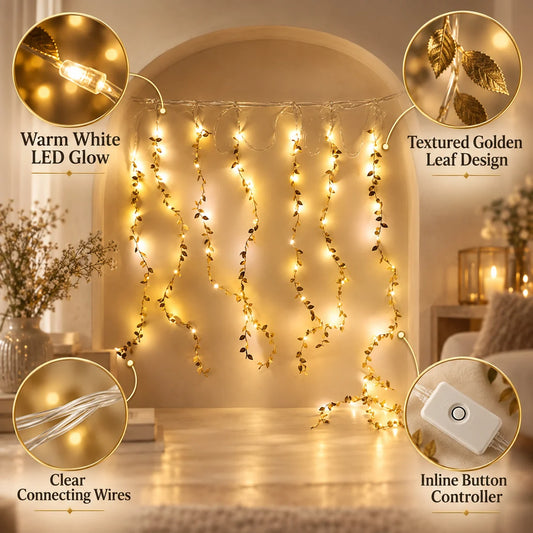 Golden Leaf LED Curtain String Lights For Festive Wall And Party Decor (1 Set)