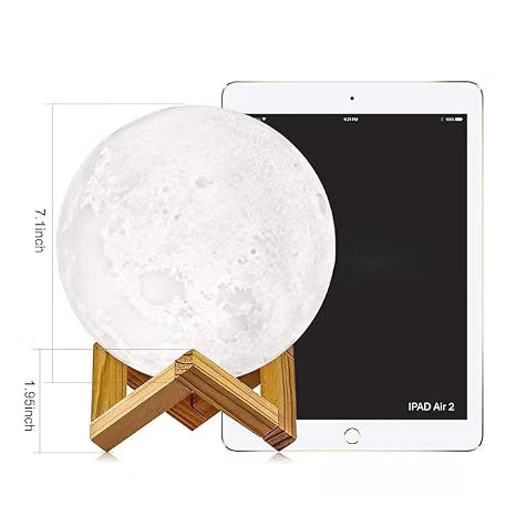 3D Moon Lamp 15cm with Wooden Stand | 7 Color Changing LED Touch Sensor Night Light | USB Rechargeable Moonlight Table Lamp for Bedroom, Kids, Home Decor, and Festival Gifts