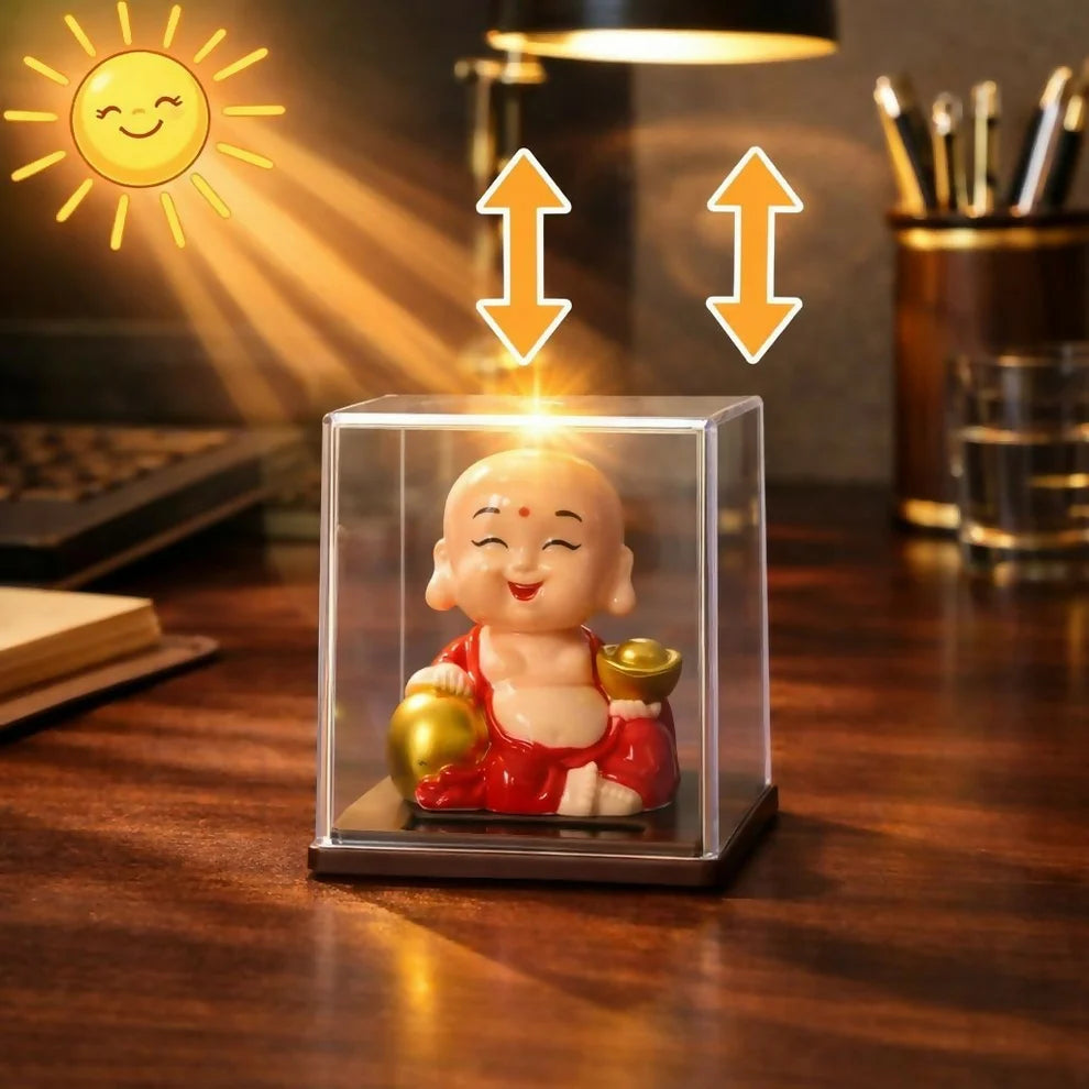 Solar Bobble Head Laughing Monk in Display Case for Home & Car Decor