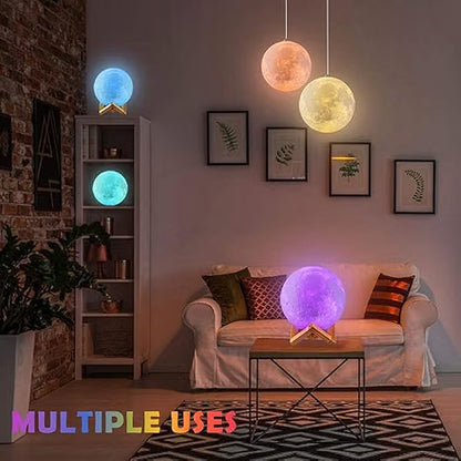 3D Moon Lamp 15cm with Wooden Stand | 7 Color Changing LED Touch Sensor Night Light | USB Rechargeable Moonlight Table Lamp for Bedroom, Kids, Home Decor, and Festival Gifts