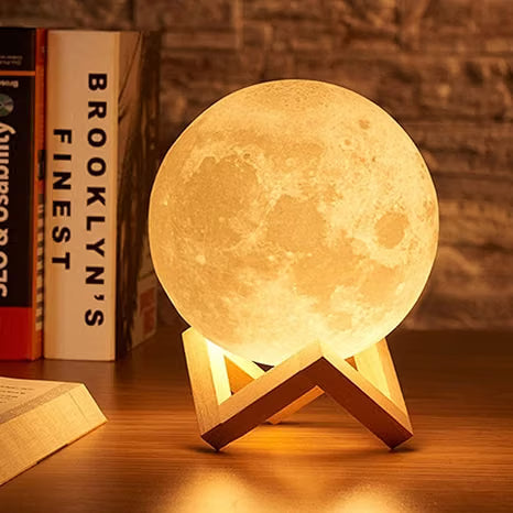 3D Moon Lamp 15cm with Wooden Stand | 7 Color Changing LED Touch Sensor Night Light | USB Rechargeable Moonlight Table Lamp for Bedroom, Kids, Home Decor, and Festival Gifts