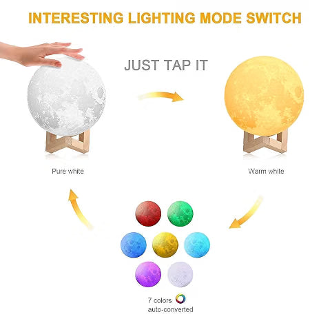 3D Moon Lamp 15cm with Wooden Stand | 7 Color Changing LED Touch Sensor Night Light | USB Rechargeable Moonlight Table Lamp for Bedroom, Kids, Home Decor, and Festival Gifts
