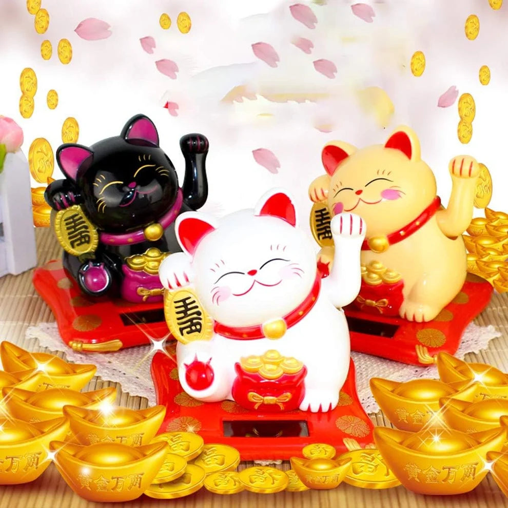 Waving Lucky Cat Statue – Solar Powered Wealth Decor