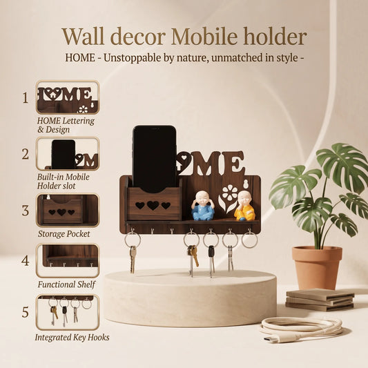 WALL DECOR MOBILE HOLDER WITH KEY HOLDER AND CHARGING POINT