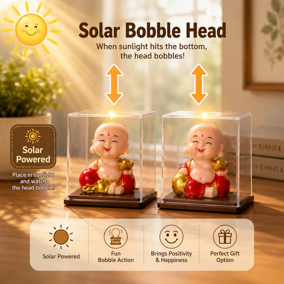 Solar Bobble Head Laughing Monk in Display Case for Home & Car Decor