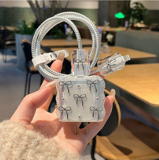 Nestro's iPhone Charger Case Cover For 18W/20W Cute 3D Cartoon | Fun & Protective Cable Organizer | Cable Protector  (Transparent 5 Silver Bow)