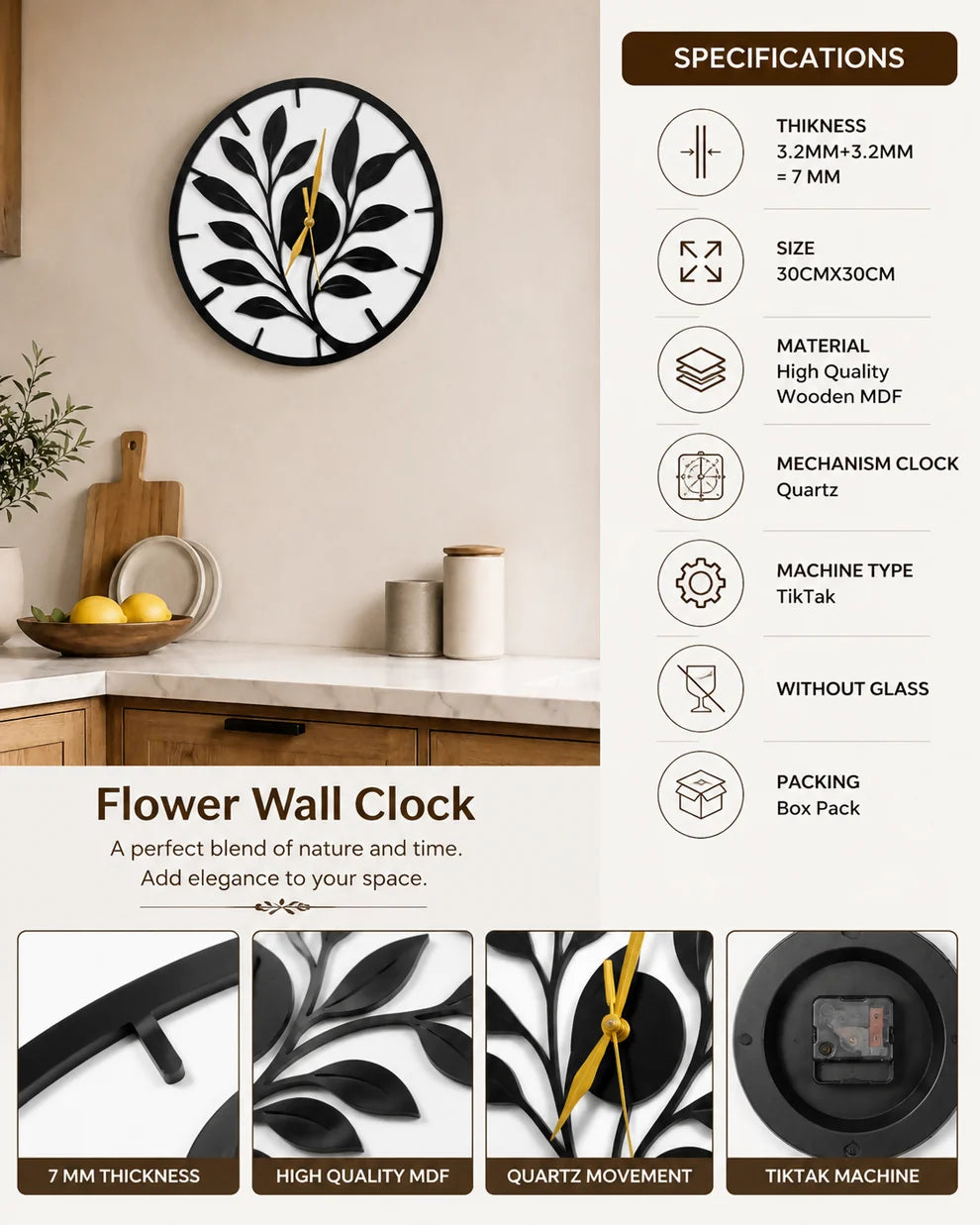 Decorative Leaf Design Wall Clock – Elegant Home Accent (12x12 Inch)