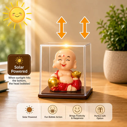 Solar Bobble Head Laughing Monk in Display Case for Home & Car Decor