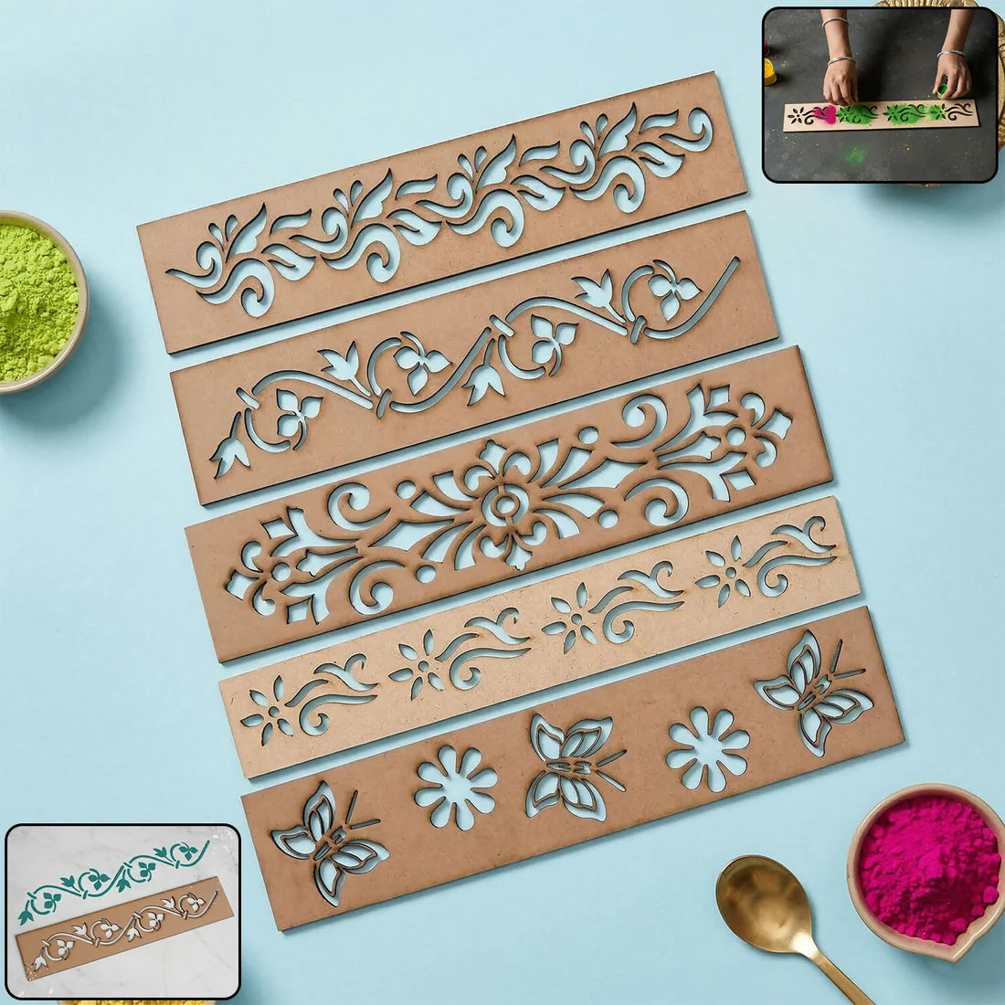 Wooden Rangoli Border Stencil Set Of 5 – Reusable MDF Designs For Festive Decor