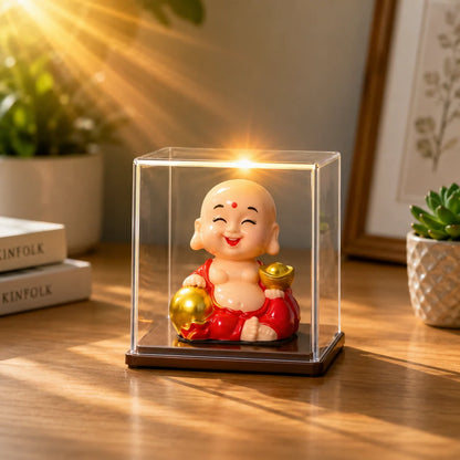 Solar Bobble Head Laughing Monk in Display Case for Home & Car Decor