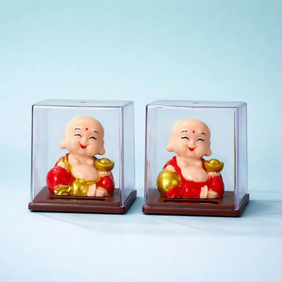 Solar Bobble Head Laughing Monk in Display Case for Home & Car Decor